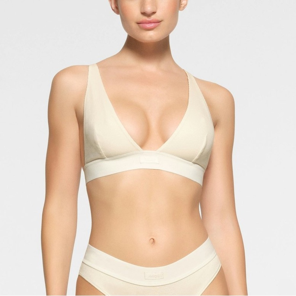 [L] SKIMS Cotton Rib Plunge Bralette Ivory Size Large Bra bone